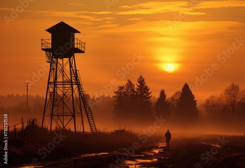 As the sun sets over the wintry landscape, a lone figure walks through the foggy field towards the towering building, surrounded by trees and reflecting in the calm waters, capturing the beauty of an