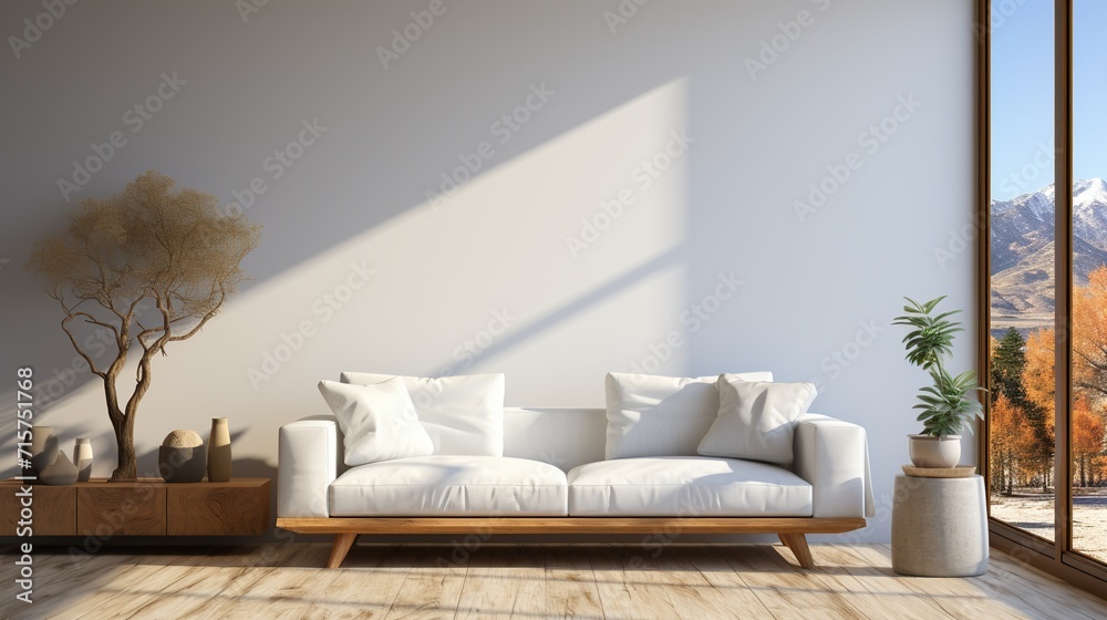 A living room with white walls and hardwood flooring, including a large green plant. Concept of minimalist design. Created with Generative AI