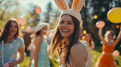 A happy Easter egg hunt is being led by a woman dressed as a bunny among a group of pals