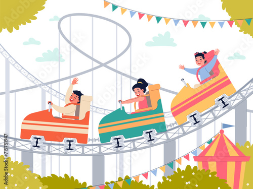 Happy kids in amusement park. Smiling children have fun on roller coaster, cute little boys and girls on ride. Attraction cars. Splendid cartoon isolated illustration, vector entertainment concept