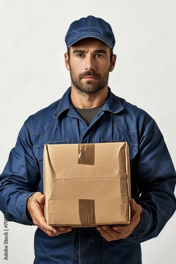 delivery man handing over a package - isolated on white background delivery man handing over a package - isolated on white background