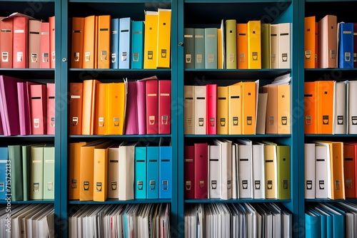 A shelf filled with colorful binders containing financial records and reports.