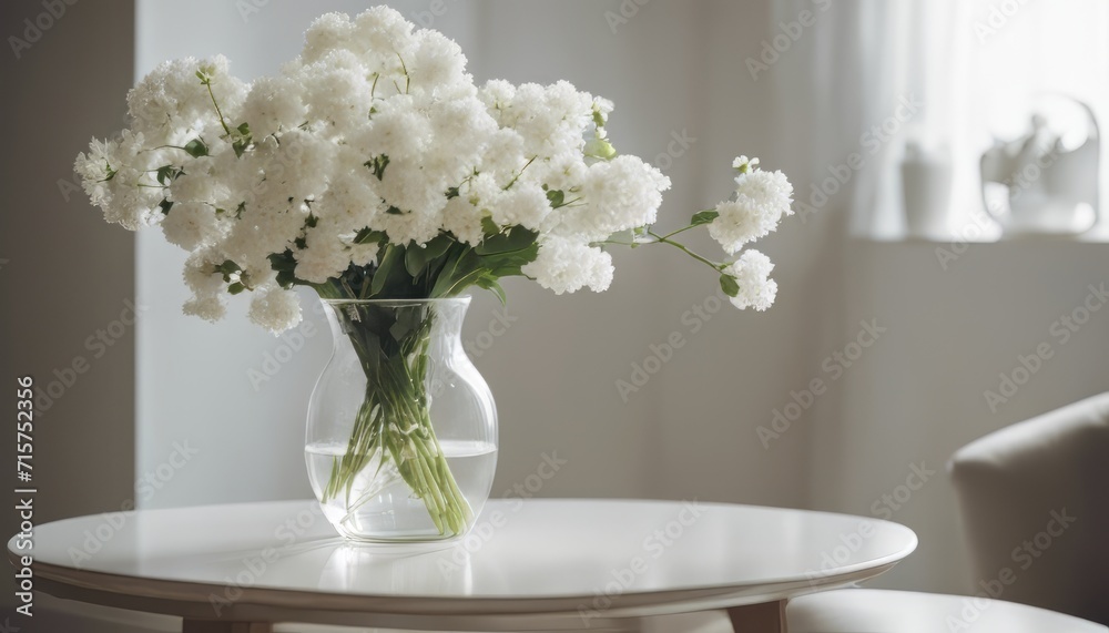 home interior with white flowers in a vase on a light background