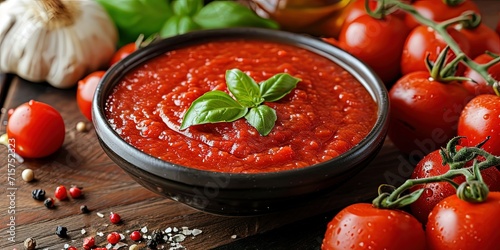 Italian traditional tomato sauce in a plate on a background of tomatoes on a wooden surface, background .