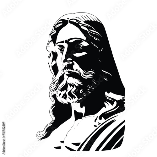 Portrait of Jesus Christ son of God, silhouette of black white inking drawing. Easter background resurrection and Good Friday. Christian holiday classic religious imagery. Vector. 