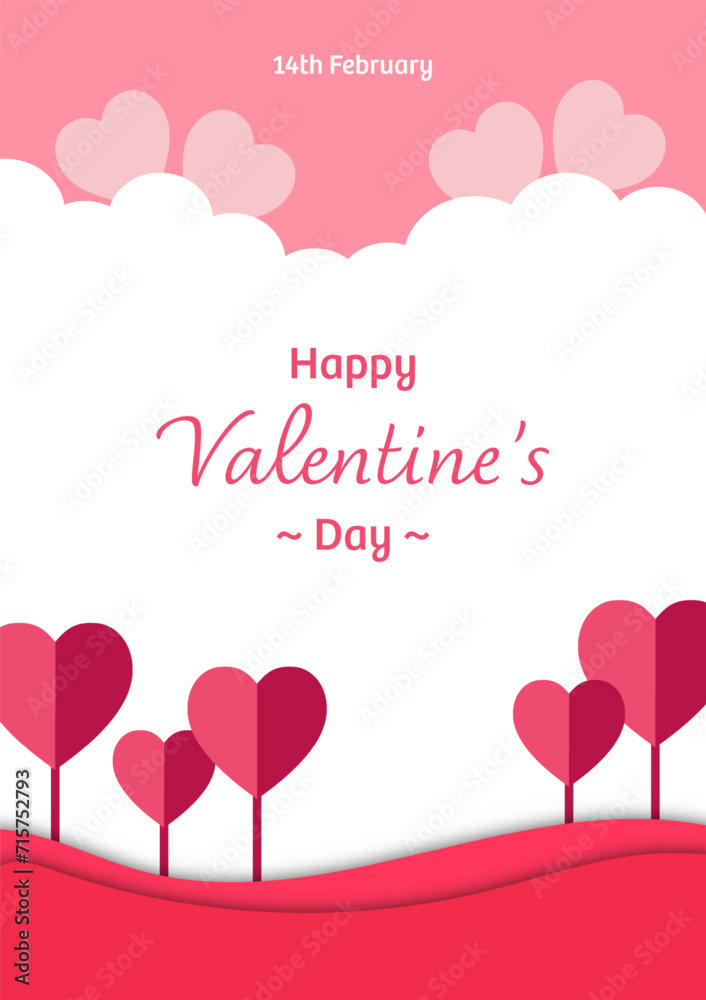 Vector illustration background, heart trees on field with clouds, theme of love or valentine