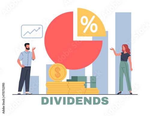 Dividend concept. Man and woman thinking about investments. Chart with percent, stack of coins. business company profit. Successful investor. Cartoon flat vector shareholding illustration