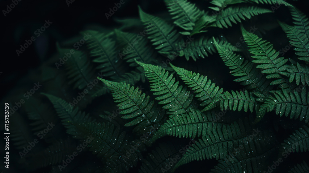 Green fern leaves on a dark background. Natural green background.