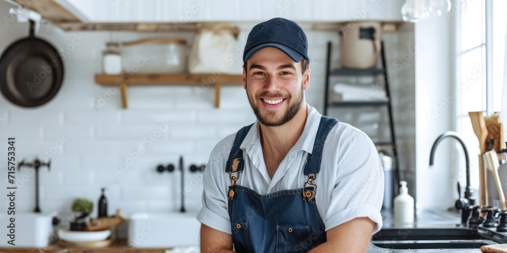 A confident smiling plumber in uniform posing in a modern bathroom setting A confident smiling plumber in uniform posing in a modern bathroom setting