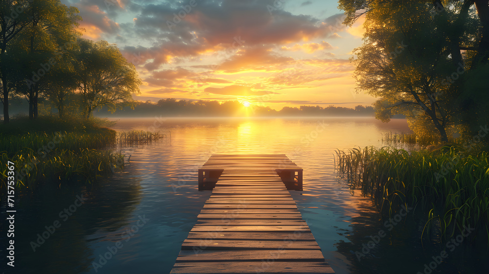 A picturesque lakeside retreat, featuring a wooden dock, calm waters, and a sunset casting warm hues over a tranquil evening scene. 