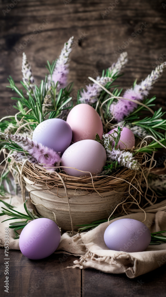 A tower of pastel purple Easter eggs artfully arranged in a tiered stand decorated with fresh greenery and sprigs of lavender, against a rustic window backdrop. Festive Easter background