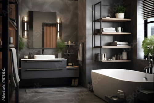 3d render of a modern bathroom with a wooden bathtub and shower - Ai Generated