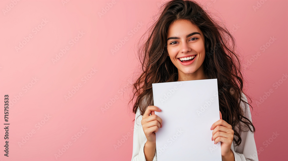 Young woman holding empty blank white paper on pink background Young woman holding empty blank white paper on pink background