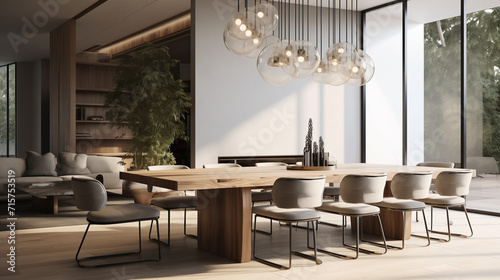  A modern dining room with a statement chandelier, a long wooden table, and comfortable chairs © Muhammad