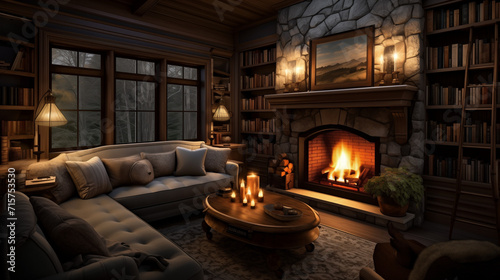  A cozy cottage living room with a fireplace, plaid accents, and comfortable seating