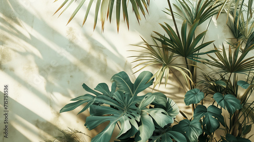 Tropical leaves Monstera on white background with shadows. Flat lay, top view