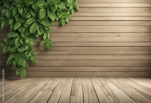 A room with wooden floors and walls. There are a bunch of green leaves hanging in the upper left corner, adding a natural touch. photo