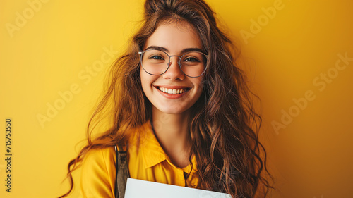 Young woman holding empty blank white paper on yellow background