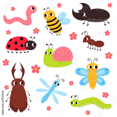 Set of cute garden insects, bugs. Snail, butterfly, stag-beetle, dragonfly, worm, ladybug, bee, rhinoceros beetle, ant and caterpillar for children. Funny childish characters. © Maria Kololeeva
