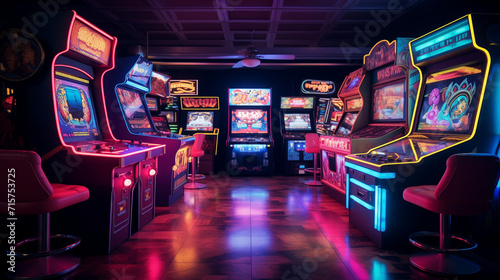  A retro-inspired game room with arcade games, neon lights, and a vintage vibe photo