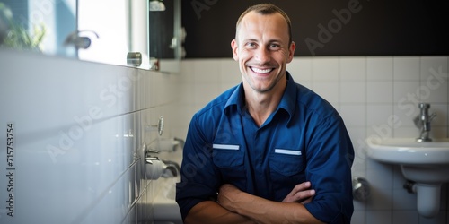 A confident smiling plumber in uniform posing in a modern bathroom setting photo