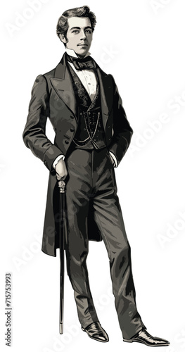 Full length gentleman vintage engraving. Standing young noble man with cane in elegant frock coat shirtfront and bow tie isolated vector illustration photo