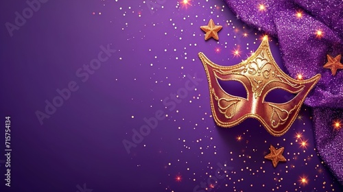 Happy Purim carnival decoration concept made from mask and sparkle star on purple background. (Happy Purim in Hebrew, jewish holiday celebrate, generative ai © Naseem