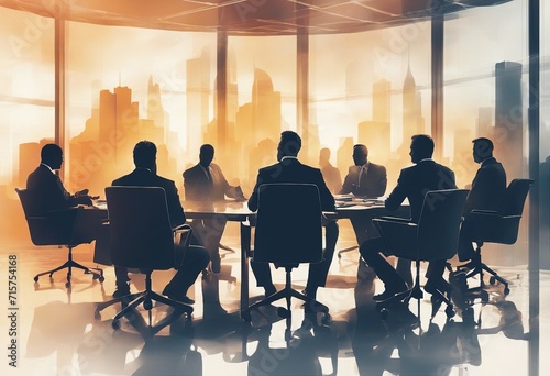 Abstract image of silhouetted business people engaged in a meeting.