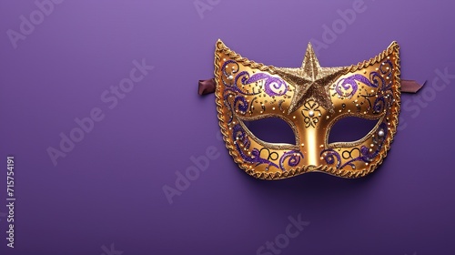 Happy Purim carnival decoration concept made from mask and sparkle star on purple background. (Happy Purim in Hebrew, jewish holiday celebrate, generative ai