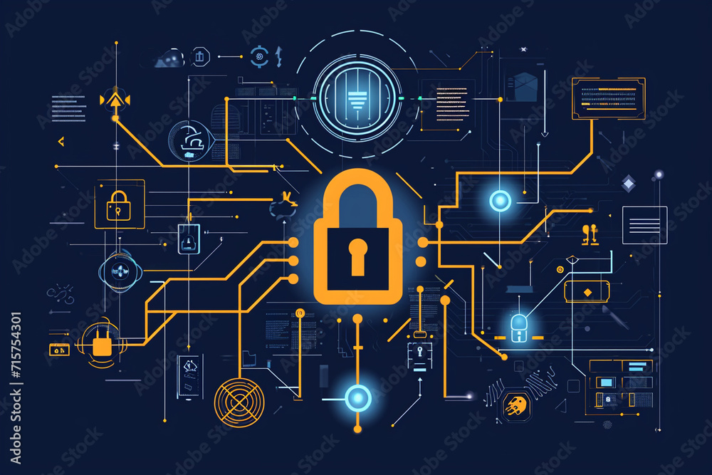 Obraz premium A drawing of encrypted data flowing through a secured network, Secure Software Development drawings, flat illustration