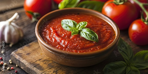 Italian traditional tomato sauce in a plate on a background of tomatoes on a wooden surface, background . © Людмила