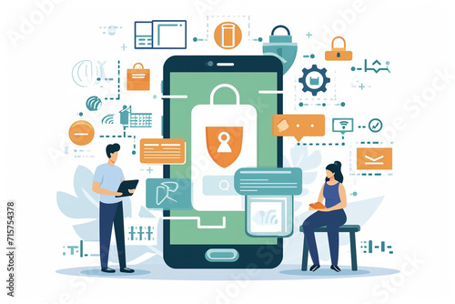 A graphic of a secure mobile app development environment, Secure Software Development drawings, flat illustration