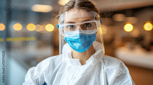 Portrait of a young female doctor wearing protective mask and glasses, with copyspace