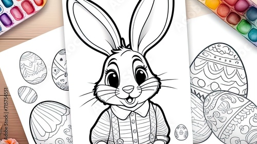 Easter coloring page. Easter Bunny with Easter egg. Black and white illustration for coloring book, line art.
