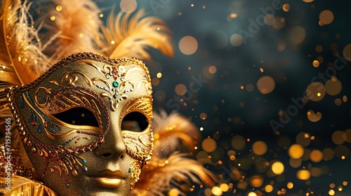 Mardi Gras party with golden masks and feathers on copy space background, generative ai