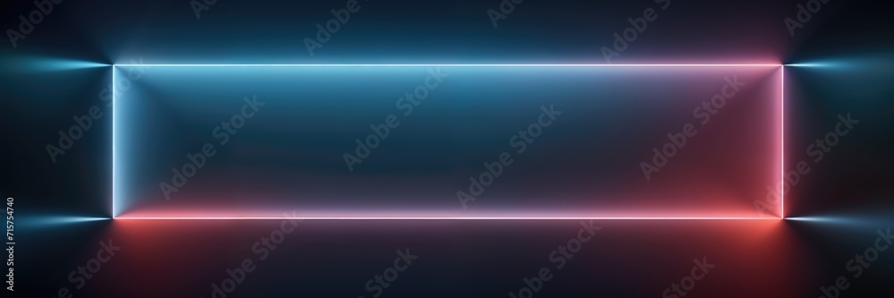 rectangular neon frame, glowing with pink and blue lights, stands in a dark room