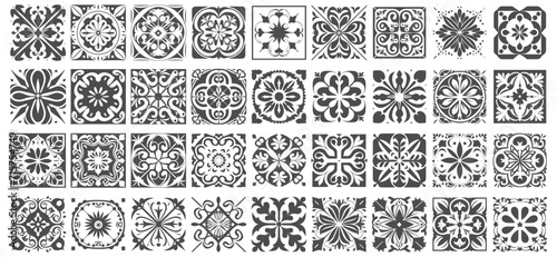 Old portugal design inspiration tiles. Black interior mosaic tile set elegant traditional ceramic spain tiling square ornaments