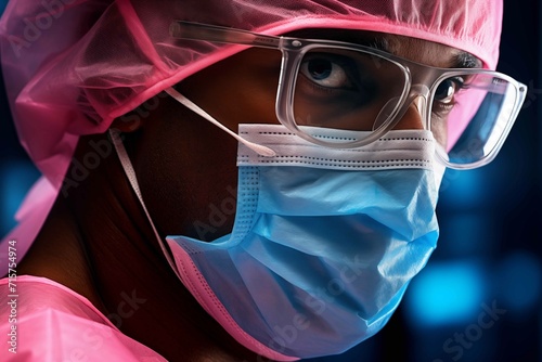 Close-up of a focused surgeon wearing protective glasses and a surgical mask with a blue and pink hue