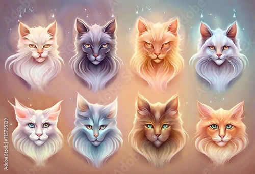The assortment comprises a charming set of cat illustrations, specifically focusing on their adorable heads. photo