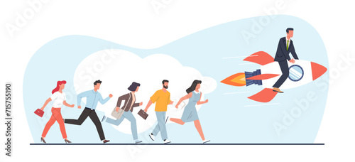 Businessman on fast rocket wins over others. Achieve goal  startup. Professional growth in career. Winner in competition. Cartoon flat isolated leadership and opportunity vector concept