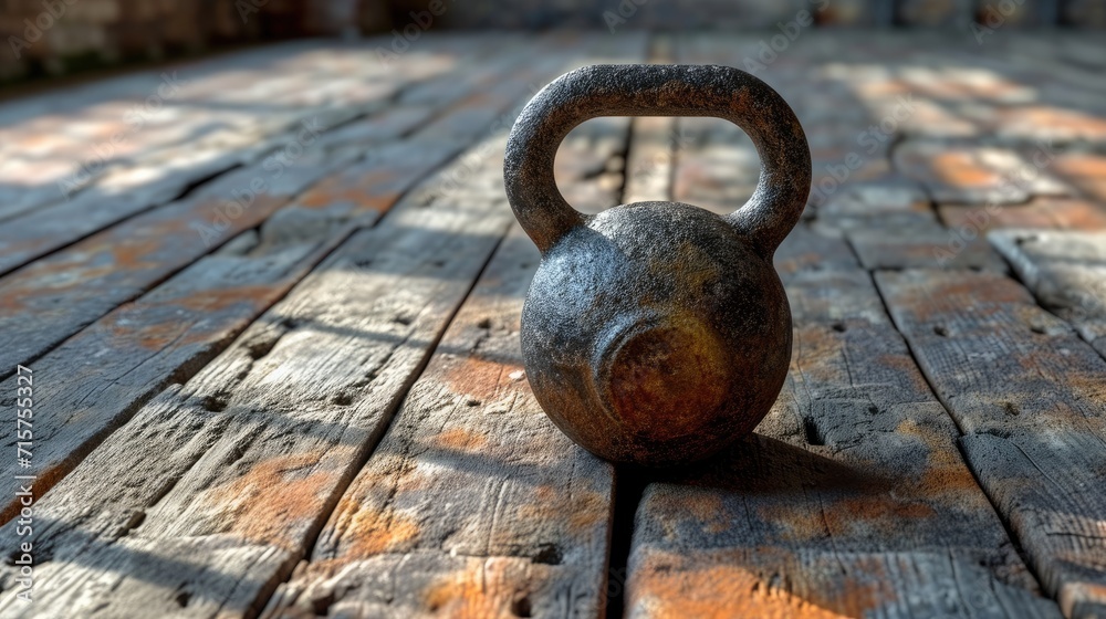 A Cast Iron Kettlebell Placed on a Polished Wooden Floor, with a Slight Shadow Casting Behind It A Cast Iron Kettlebell Placed on a Polished Wooden Floor, with a Slight Shadow Casting Behind It