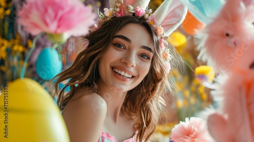 Picture of a happy woman wearing an Easter bonnet and gazing brightly at the camera