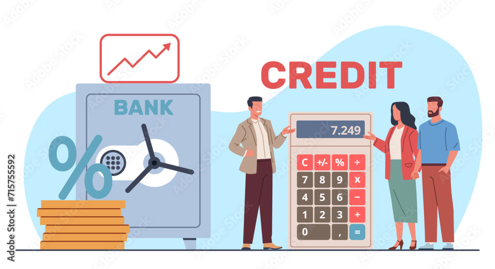 Bank manager tells customers about terms and conditions of loan. Interest rate calculator, financial consultant, credit service. Client talking to manager cartoon isolated vector concept