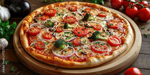 Vegetarian pizza, tomatoes, broccoli, onions, healthy option, healthy lifestyle, wallpaper, background.