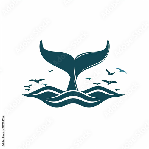 A minimalist whale tail rising above ocean waves, Logo on white background