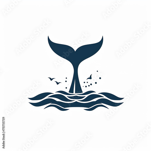 A minimalist whale tail rising above ocean waves, Logo on white background