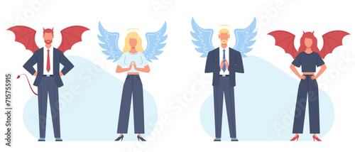 Angel man and devil woman, good and bad businessman. Heaven and hell symbol. Male and female character standing in office suit. Alternative way. Cartoon flat isolated vector concept