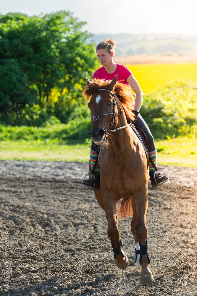 Woman rider rides horse on ranch