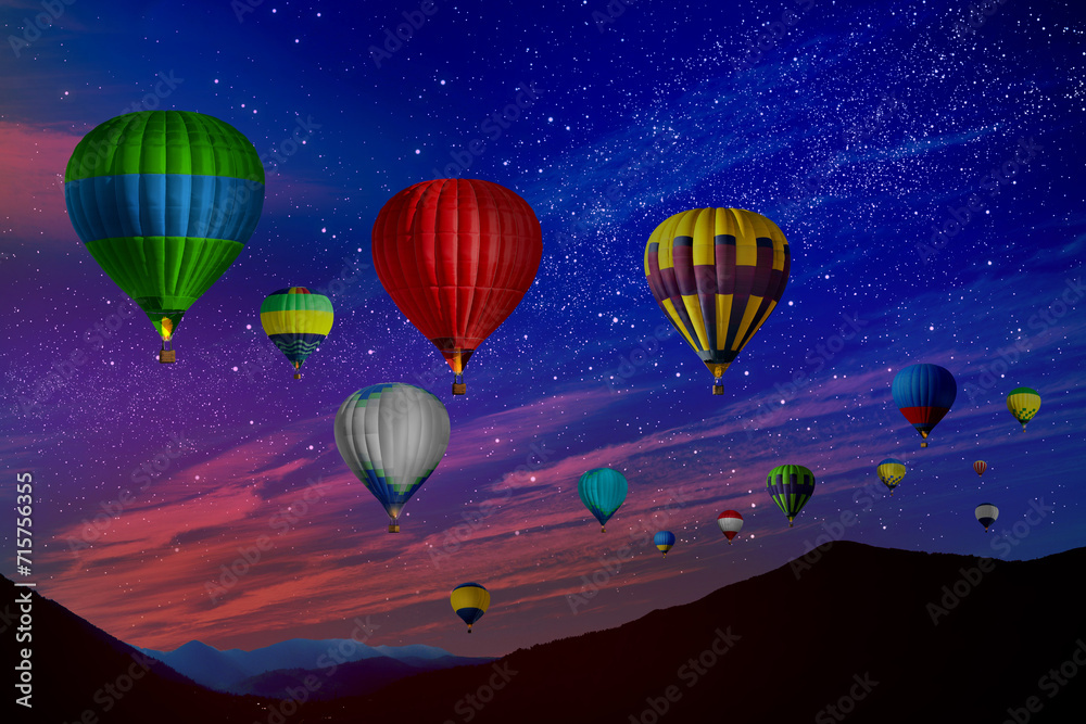 Obraz premium Bright hot air balloons flying in starry sky over mountain