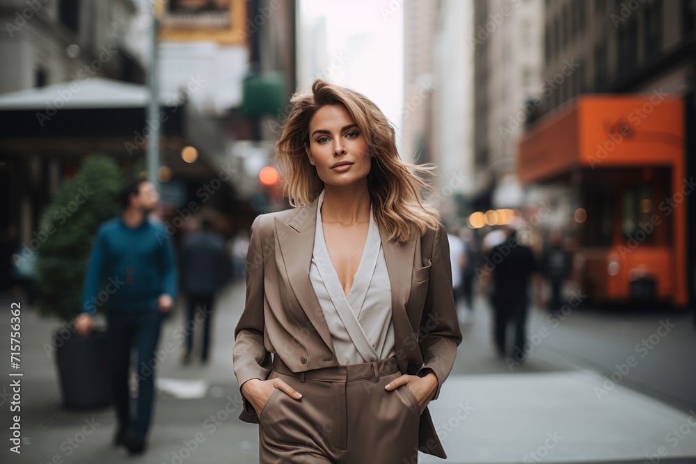 A sophisticated woman in her mid-thirties, elegantly dressed in a two-toned jumpsuit with a draped blazer, confidently strides down a bustling city street A sophisticated woman in her mid-thirties, elegantly dressed in a two-toned jumpsuit with a draped blazer, confidently strides down a bustling city street